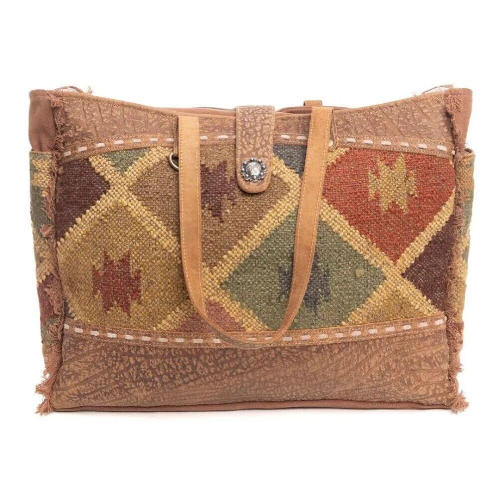 Myra Bag Handmade Mahsen Weekender Bag Upcycled Canvas & Cowhide Leather